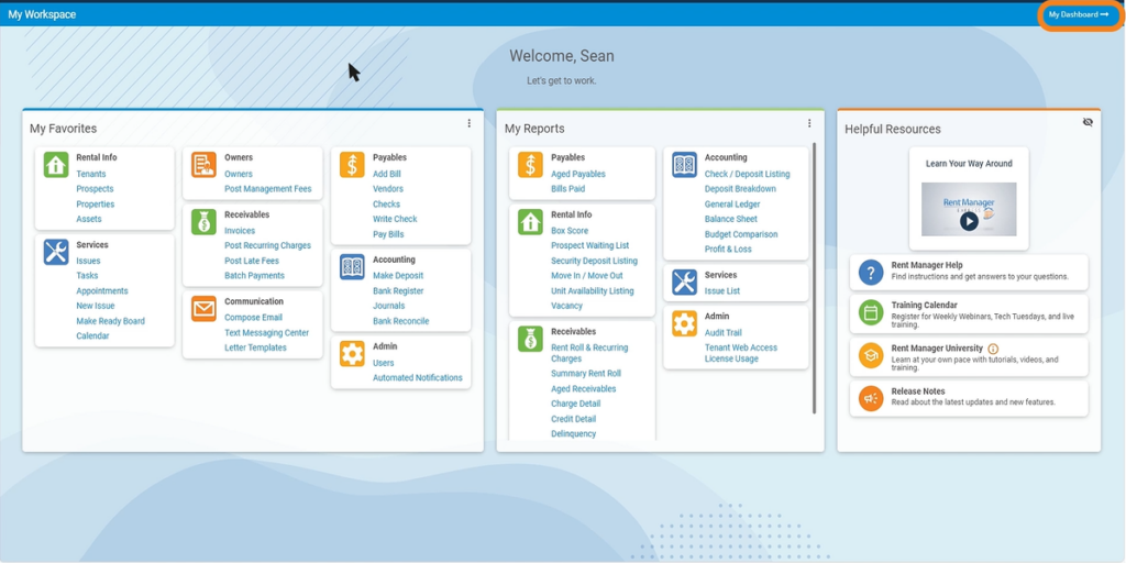 screenshot showing my workspace page with "my dashboard" highlighted in top right corner