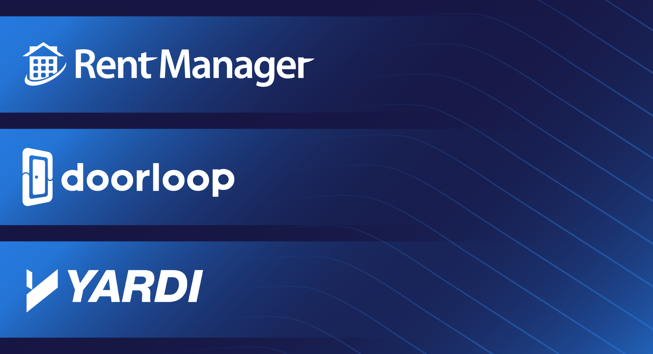rent manager, doorloop, and yardi logos stacked